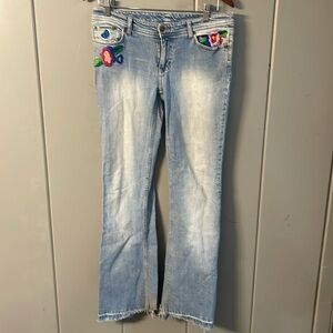 Celebrity Pink Bootcut Jeans Butterfly Floral Embroidery Vintage Hippie Boho